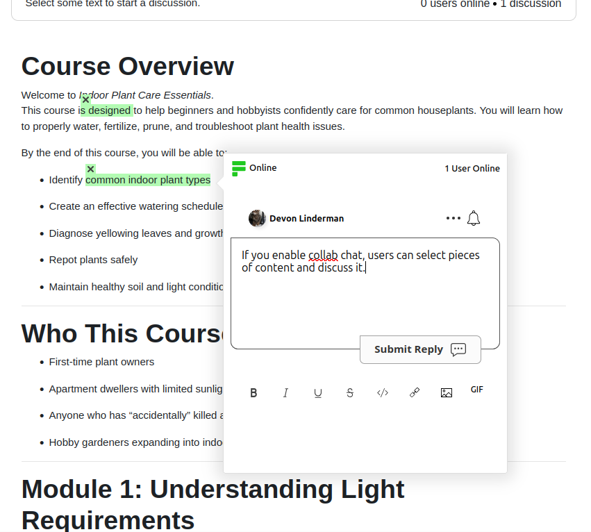 Collaborative chat in a Moodle course